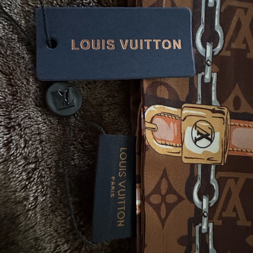 Louis Vuitton Brown Monogram Printed Silk Scarf with Gold Accents - Picture 3 of 3